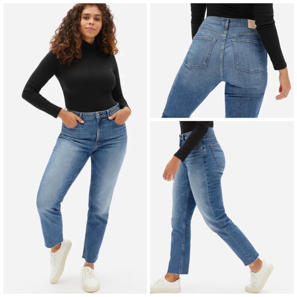 Everlane The Curvy Cheeky Jean Crop High Rise Raw Hem Blue Denim Jeans Size 29 - Picture 4 of 17